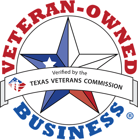 Veteran-owned business seal, featuring a star in red, white, and blue, verified by the Texas Veterans Commission to denote business legitimacy.
